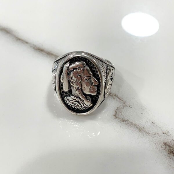 product details: NATIVE AMERICAN WARRIOR PROFILE DOG SOLDIER SILVER BIKER RING photo