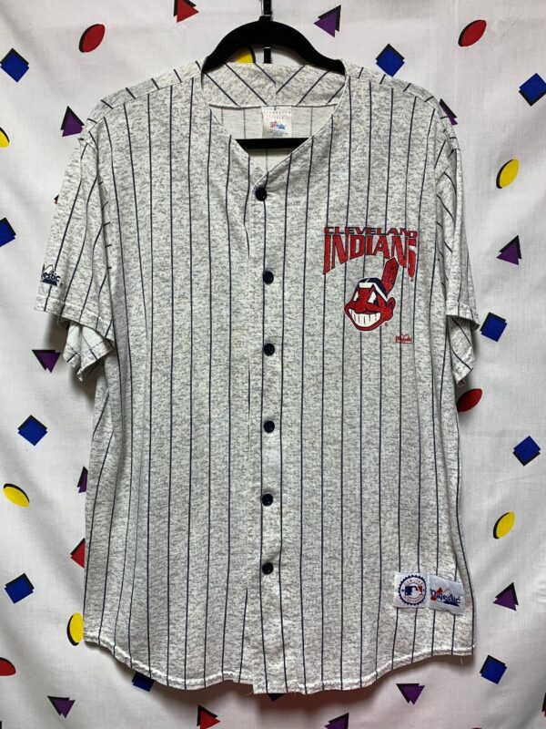 product details: MLB CLEVELAND INDIANS BUTTON UP PINSTRIPE COTTON JERSEY AS-IS photo