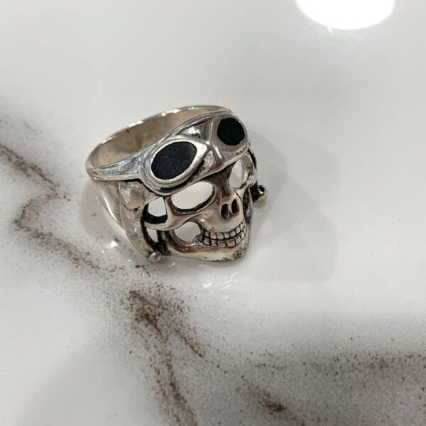 product details: AVIATOR DEATH BIKER SKULL HEAD RING WITH GOGGLES INLAY JET BLACK photo
