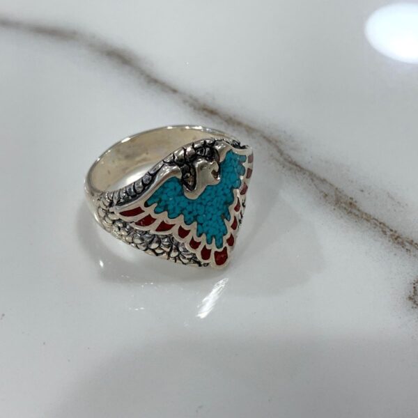 product details: LARGE CRUSHED TURQUOISE & CORAL INLAY THUNDERBIRD AMERICAN EAGLE BIKER RING photo