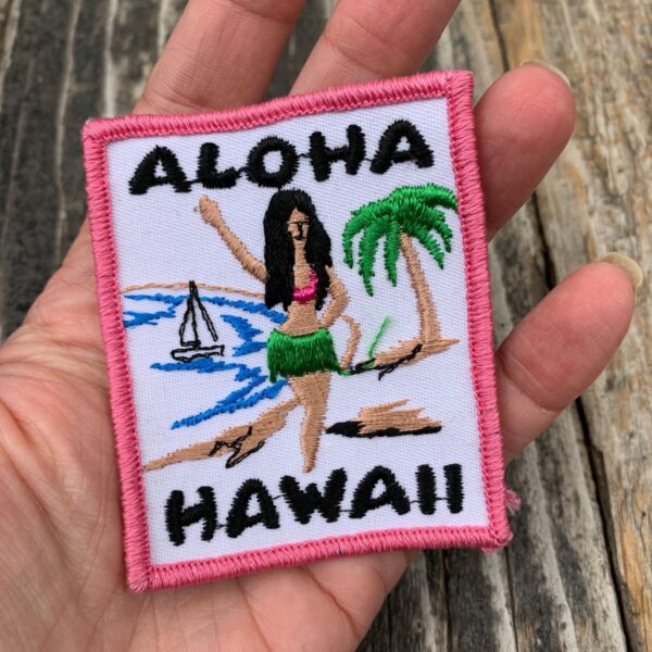 product details: ALOHA HAWAII LUA GIRL WITH SAILBOAT AND PALM TREE PATCH VINTAGE 1970S photo