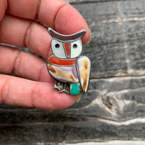 product details: ZUNI STONE INLAY OWL STERLING SILVER RING *SIGNED ENGRAVED VB photo