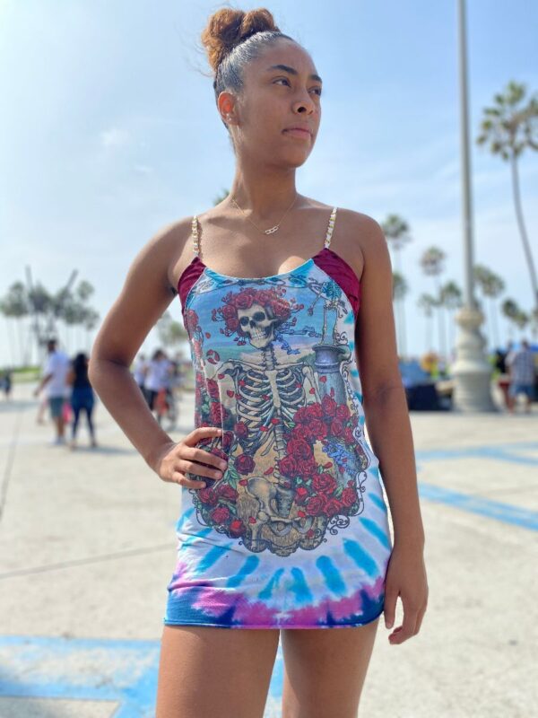 product details: HOTD GRATEFUL DEAD SLIP DRESS WITH CRUSHED VELVET CONTRAST AND CHAIN BRA STRAP DETAIL photo