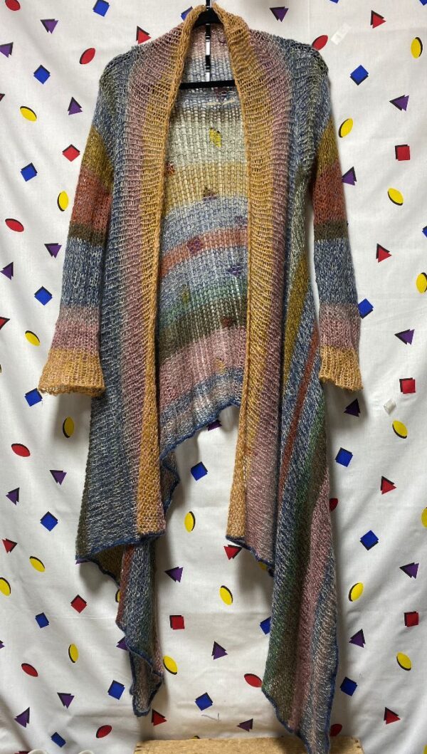 product details: SUPER SOFT AND COZY OPEN KNIT RAINBOW STRIPE LONGLINE CARDIGAN photo