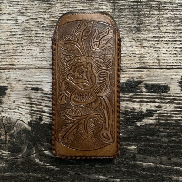 product details: ROSE AND LILY FLOWER ENGRAVED TOOLED LEATHER SOFT SUNGLASS CASE POUCH WHIP STITCHED EDGES photo