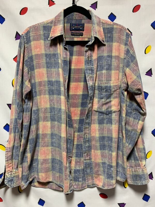 product details: CUSTOM OVER-DYED MULTI-COLORED LONG SLEEVE SUPER SOFT FLANNEL BUTTON UP SHIRT WITH FRONT LEFT POCKET *RIPS *AS-IS photo
