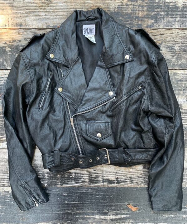 product details: CLASSIC LEATHER BIKER JACKET WITH FRONT BELT AND ZIP UP BUTTON COLLAR photo
