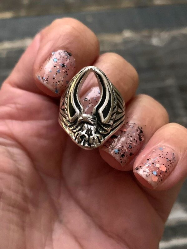 product details: EAGLE SPREADING WINGS WITH HARD ENAMEL INLAY BIKER RING photo