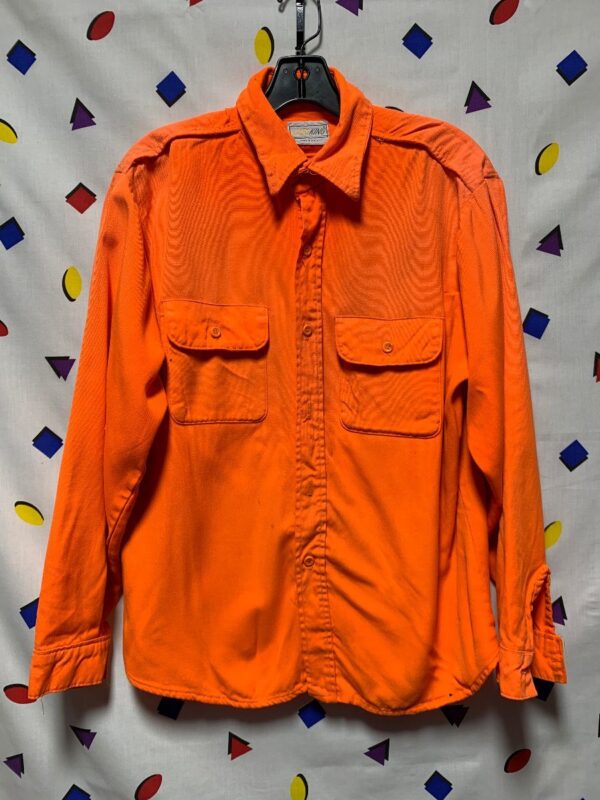 product details: VINTAGE 1960S BRIGHT DAY-GLO ORANGE DUAL POCKET LONG SLEEVE BUTTON UP WORK SHIRT photo