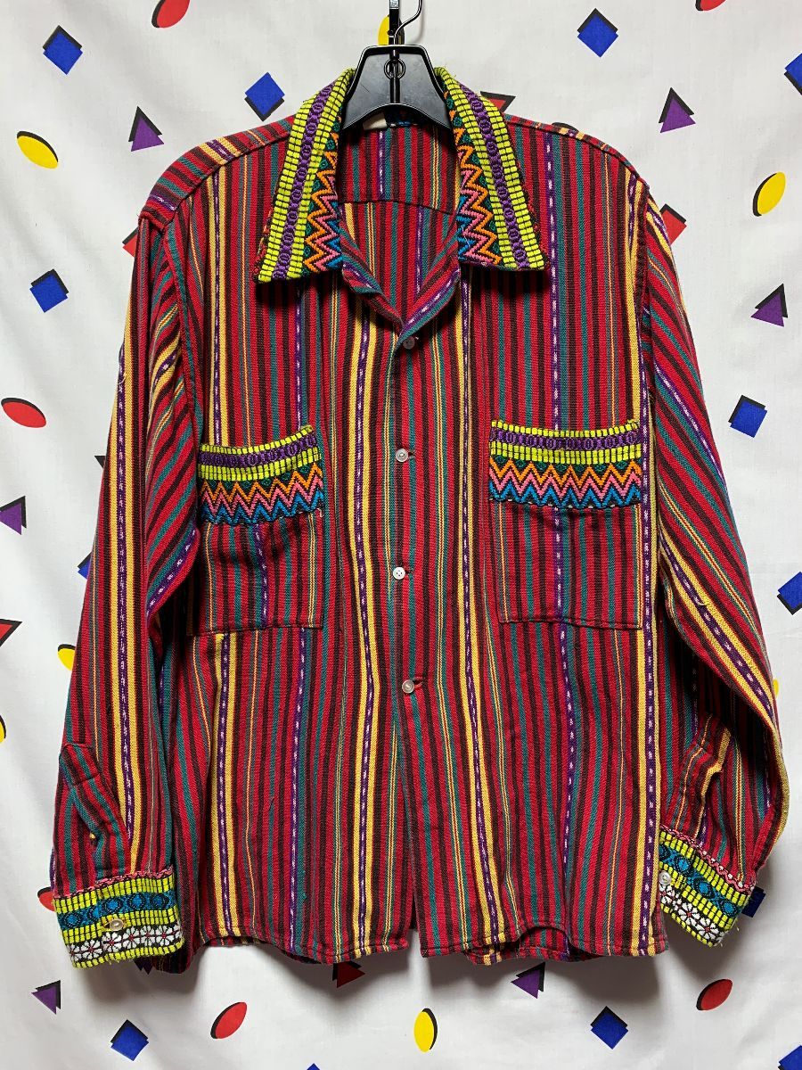 Long Sleeve Guatemalan Multicolored Woven Vertical Striped Shirt 