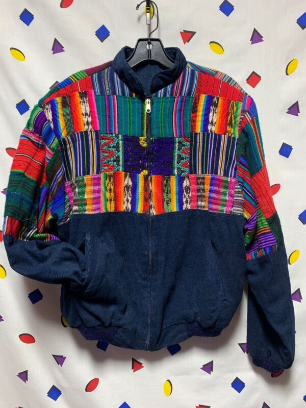 product details: MULTICOLORED GUATEMALAN WOVEN PATCHWORK ZIP UP BOMBER JACKET photo