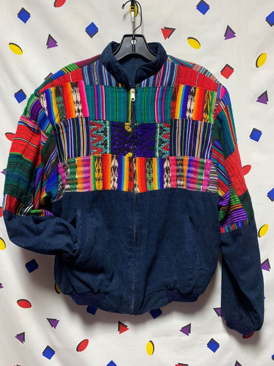 Multicolored Guatemalan Woven Patchwork Zip Up Bomber Jacket ...