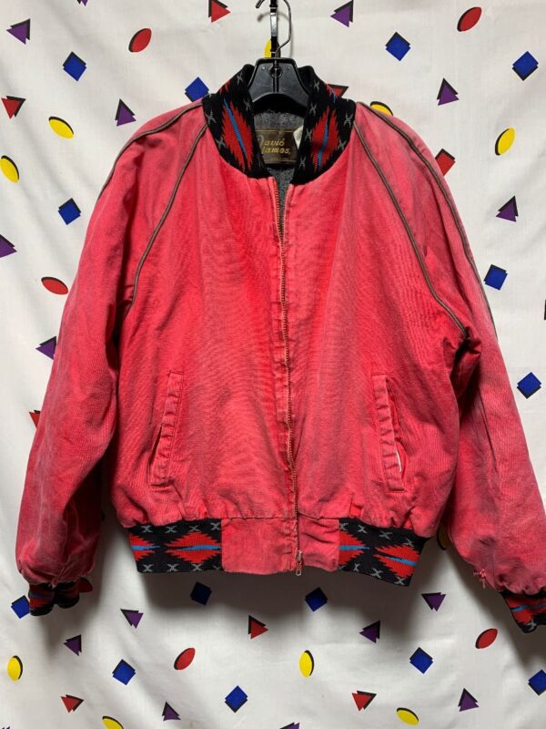 product details: RAD VINTAGE HEAVILY DISTRESSED NEON PINK WESTERN STYLE CANVAS ZIP UP BOMBER JACKET photo