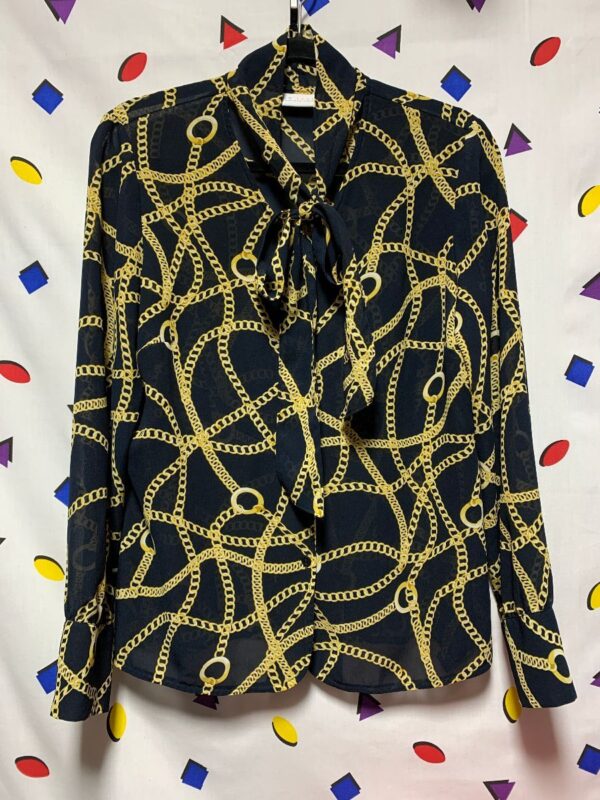 product details: SHEER GOLD CHAIN PRINT LONG SLEEVE TIE FRONT BUTTON DOWN  BLOUSE photo
