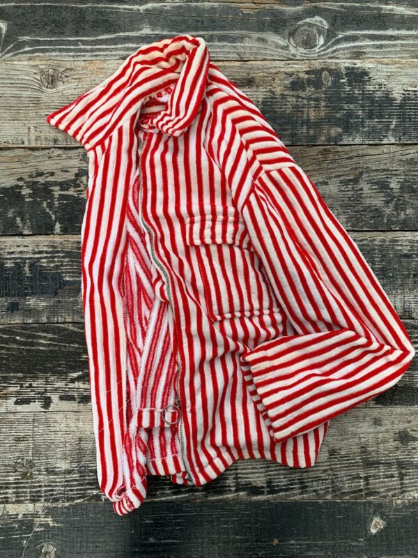product details: FABULOUSLY RETRO 1960S ZIP UP PINSTRIPE RED AND WHITE CARPET JACKET WITH FRONT POCKET 100% COTTON AS-IS photo