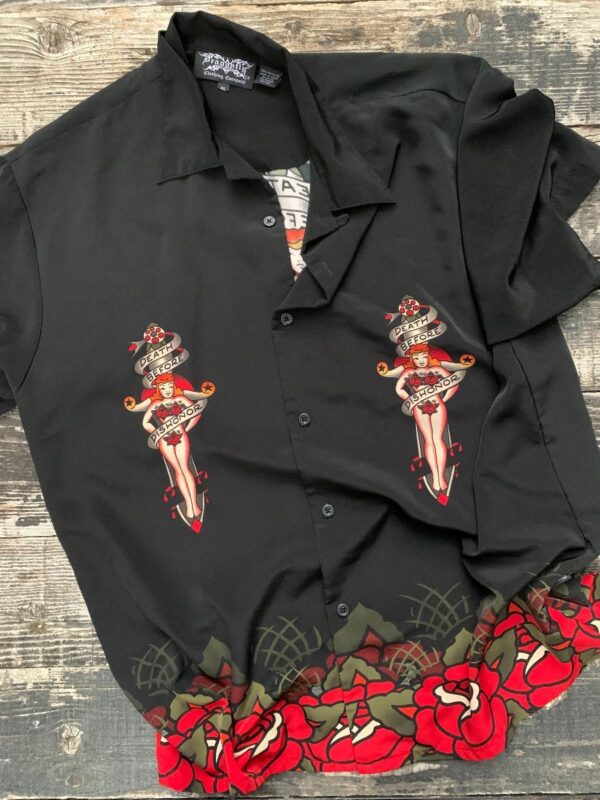 product details: DEATH BEFORE DISHONOR PIN-UP GIRL SHORT SLEEVED BOWLING CASUAL SHIRT photo