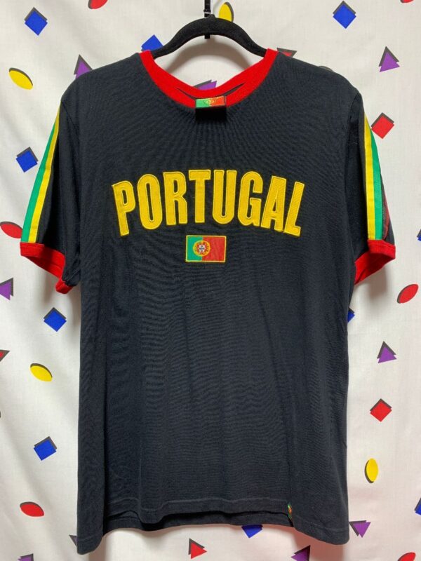 product details: PORTUGAL FOOTBALL RINGER T-SHIRT WITH FLAG SLEEVE STRIPES AND EMBROIDERED PATCHES photo