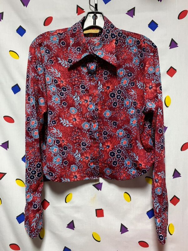 product details: 1970S REWORKED CROPPED LONG SLEEVE FLORAL POLYESTER BLOUSE photo