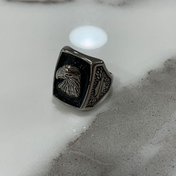 product details: SHINING BLACK INLAY AMERICAN EAGLE PROFILE BIKER RING photo