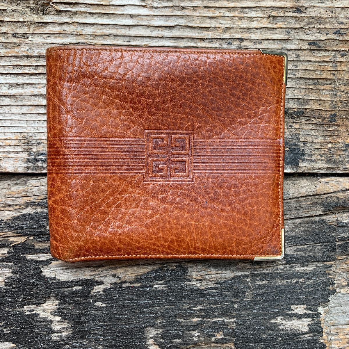 Retro Givenchy Brown Leather Bifold Mens Wallet Gold Embossed Design ...