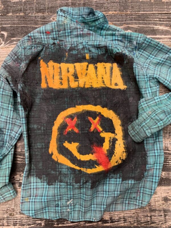 product details: NIRVANA HAND-PAINTED TEAL LONG SLEEVE FLANNEL BUTTON UP SINGLE FRONT POCKET SHIRT AS IS LOCAL ARTIST photo