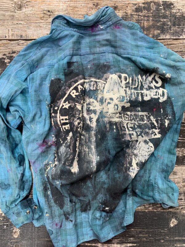 product details: RAMONES PUNKS NOT DEAD HAND-PAINTED BLUE LONG SLEEVE FLANNEL BUTTON UP SINGLE FRONT POCKET SHIRT AS photo