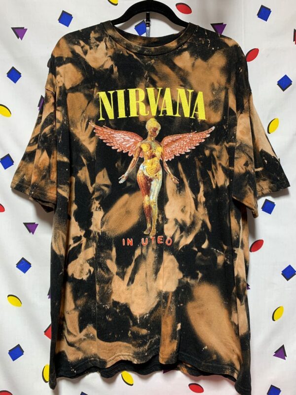 product details: HAND SCREENED NIRVANA IN UTERO LOGO BLEACH-OUT TSHIRT LOCAL ARTIST AS IS photo