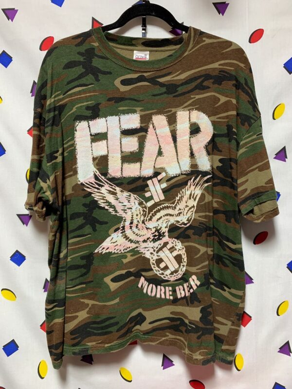 product details: HAND PAINTED FEAR BAND MORE BEER PUNK ROCK CAMO TSHIRT photo