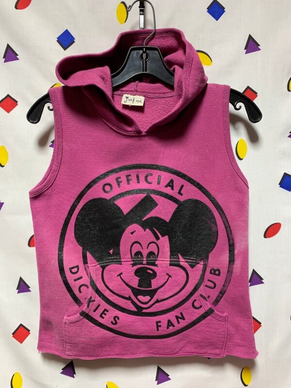 product details: MICKEY MOUSE DICKIES FAN CLUB COLLARED SHORT CROP SLEEVELESS HOODED SWEATSHIRT TOP photo