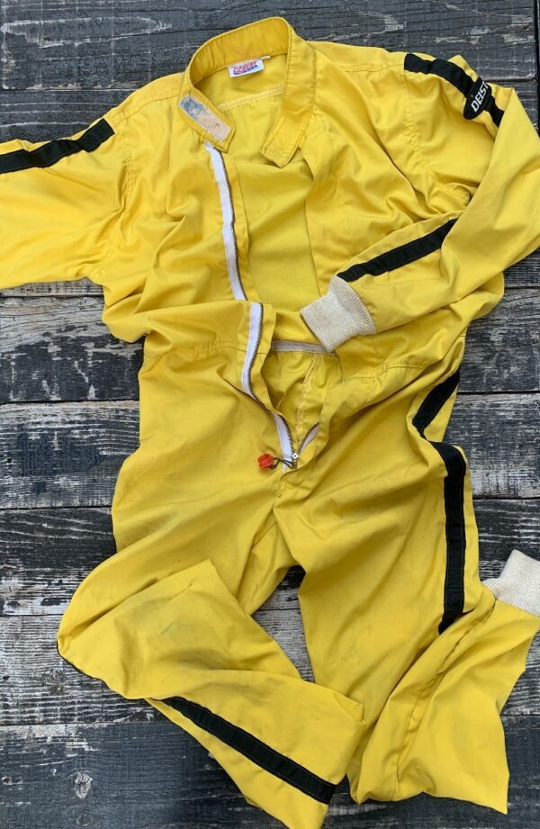 product details: KILL BILL STYLE AUTO RACING BLACK AND YELLOW STRIPE VELCRO COLLAR JUMPSUIT RIBBED CUFFS photo