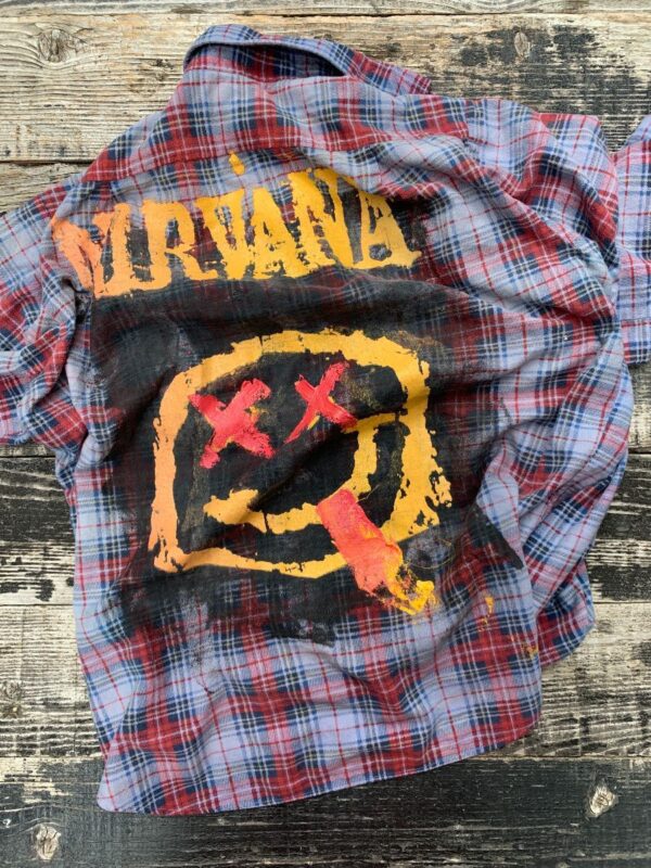product details: NIRVANA HAND PAINTED LONG SLEEVE FLANNEL BUTTON UP DUAL FRONT POCKET SHIRT AS IS  *LOCAL ARTIST photo