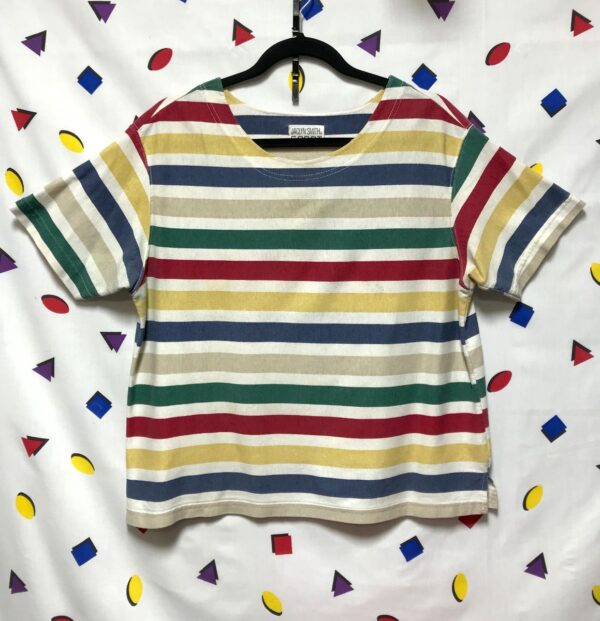product details: 1990S COTTON STRIPE CREW NECK TSHIRT MUTED PRIMARY COLORS photo