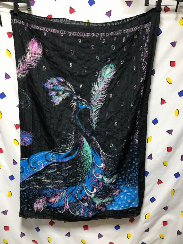 product details: 1980S DARK BOHO MYSTICAL PEACOCK FEATHER PAISLEY SCARF photo