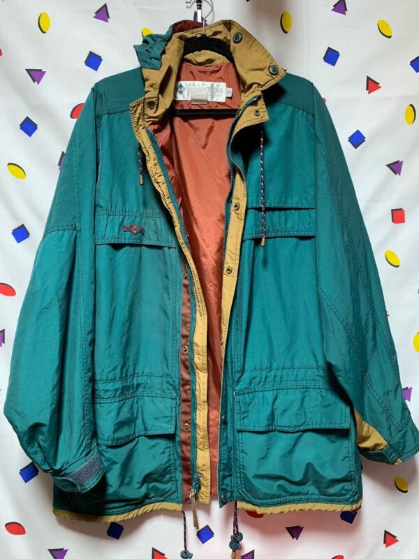 product details: 1990S COLOR BLOCK COLUMBIA RADIAL SLEEVE ANORAK JACKET SKI SNOW BUTTON AND ZIPPER WITH HOOD photo