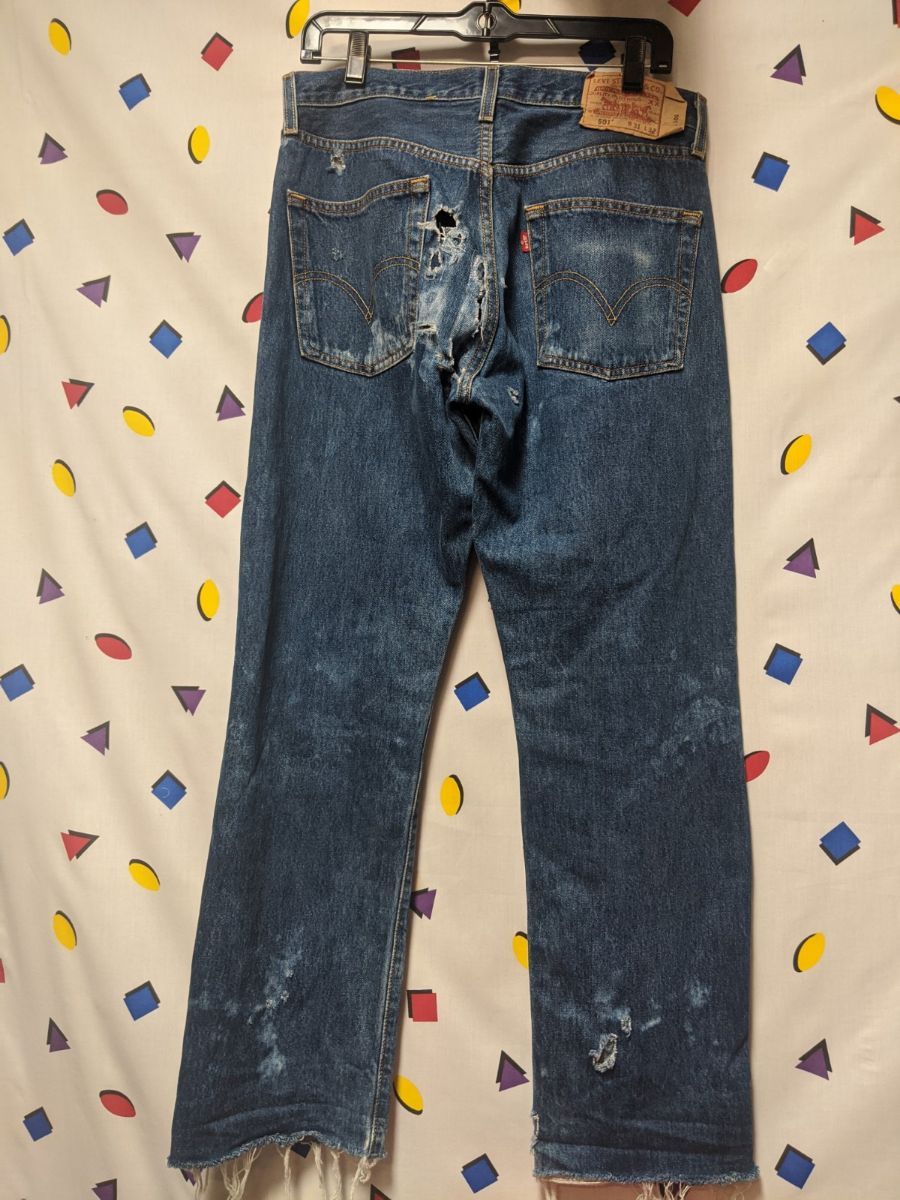 Levis 501 Red Tag Distressed Denim Jeans With Large Cut Out Front And Pvc  Add-on | Boardwalk Vintage