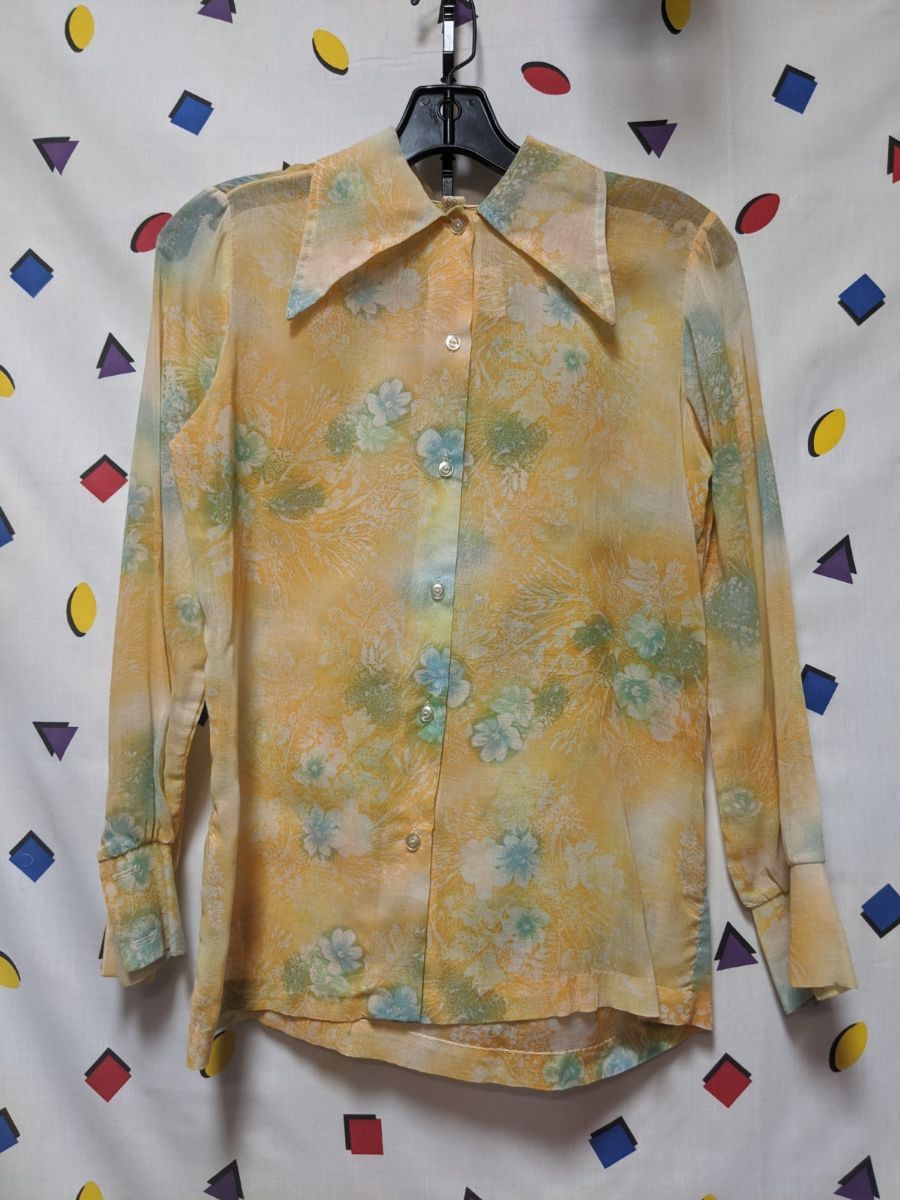 Sheer Woven 1970s Printed Blouse Small Fit | Boardwalk Vintage