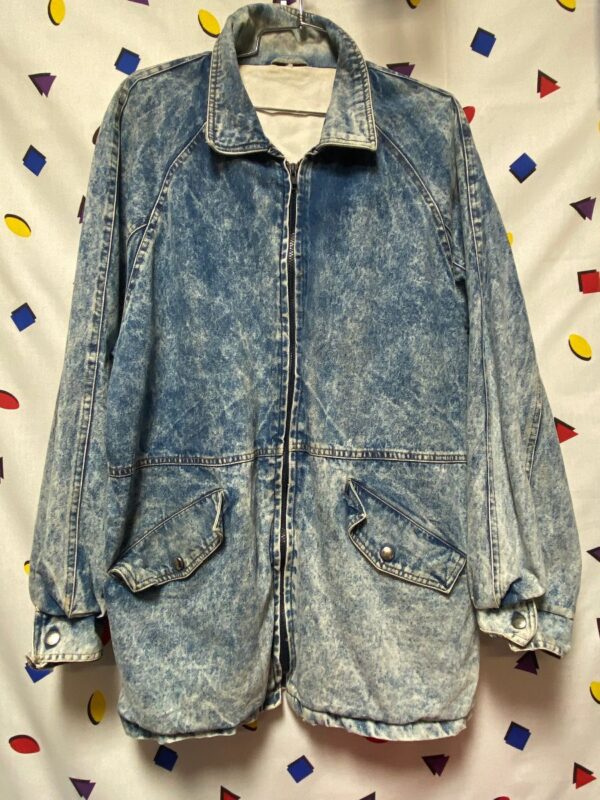 product details: 1980S ACID WASH ZIPPER DENIM JACKET TRENCH LENGTH SUPER RAD! photo