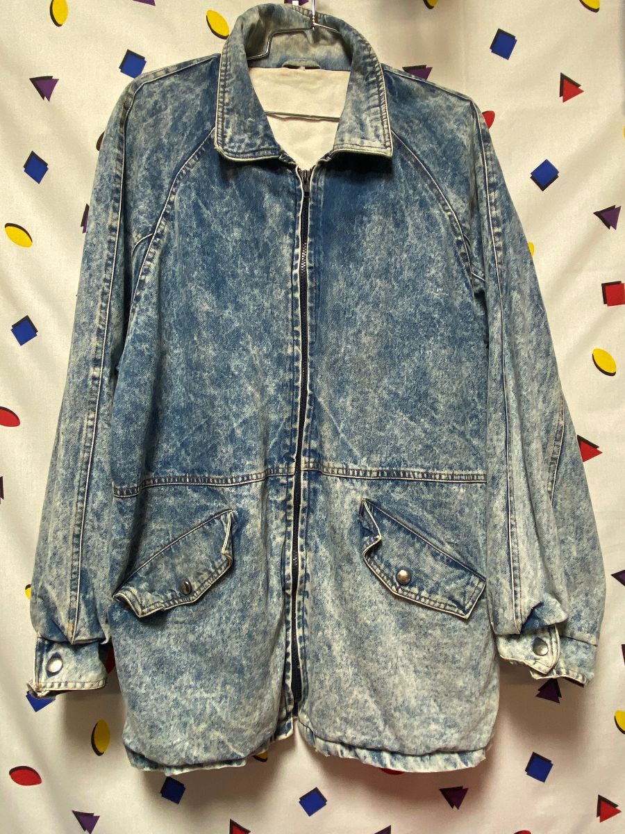 1980s Acid Wash Zipper Denim Jacket Trench Length Super Rad