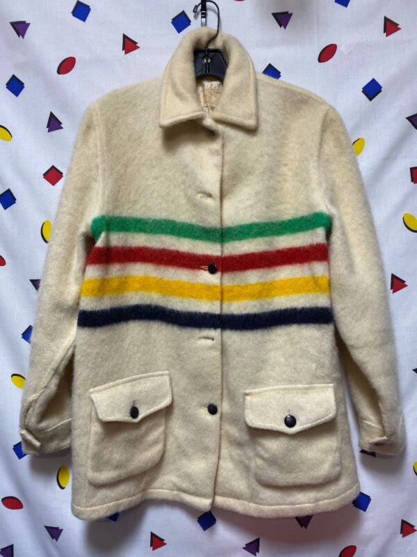 product details: 100% WOOL LS BD COLLARED JACKET WITH BOTTOM FRONT POCKETS AND CENTER HORIZONTAL STRIPES AS-IS photo