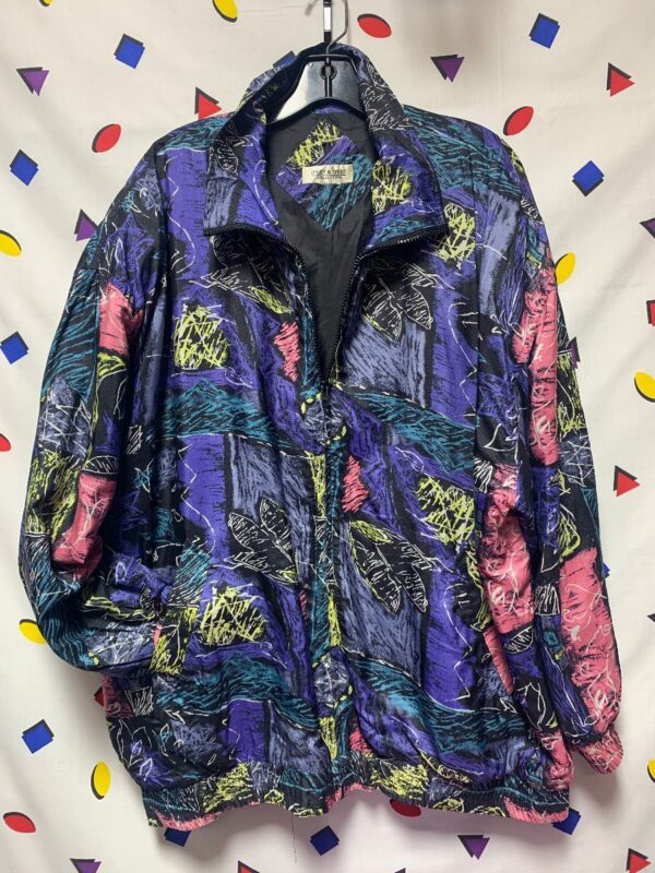 product details: 1990S STYLE NEON CRAZY MULTI PATTERN DRAWING SIDE  POCKETS ZIP WARMUP JACKET photo