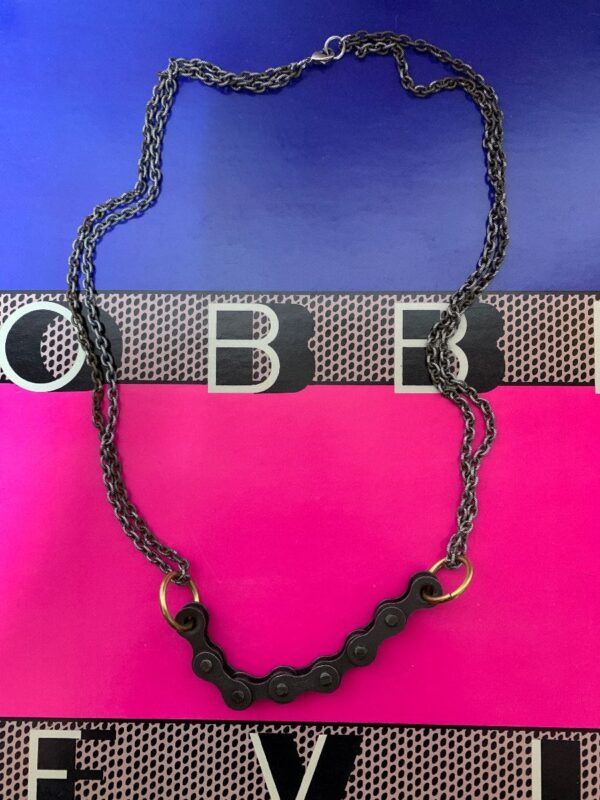 product details: REPURPOSED BIKE CHAIN NECKLACE ON HOOPS TEXTURED CURB CHAIN photo