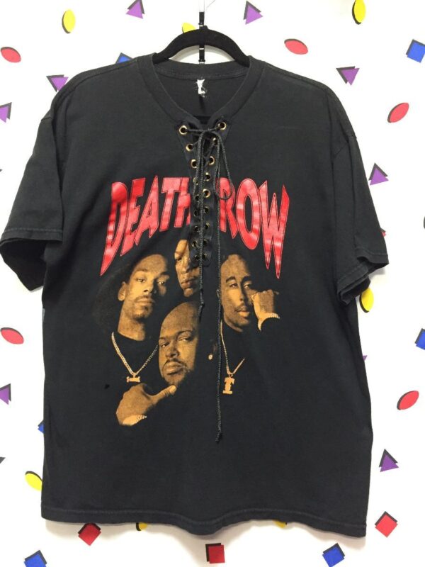 product details: DEATH ROW RECORDS TUPAC, DR DRE, SNOOP & SUGE KNIGHT LACE UP T-SHIRT RED LOGO 90S HIP HOP photo