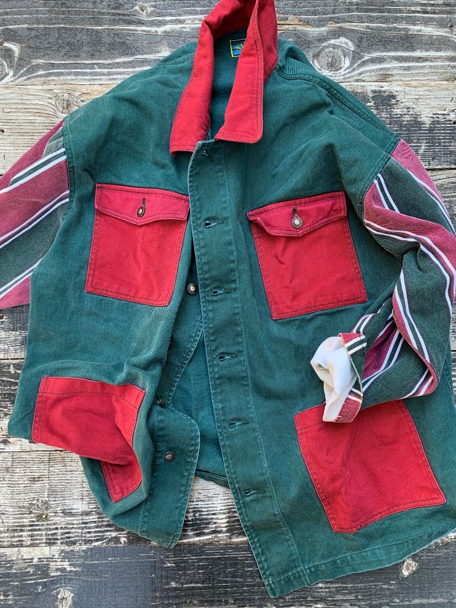 Rad 1990s Oversized Color Block Denim Jacket Striped Sleeves