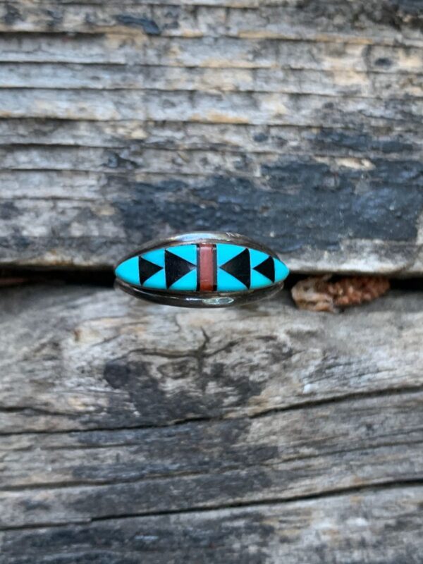 product details: SOUTHWESTERN MULTI STONE GEOMETRIC INLAY DESIGN STERLING SILVER RING *SIGNED photo