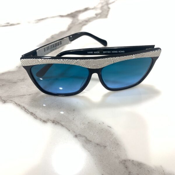 product details: 1980S MOTHER OF PEARL MOSAIC PATTERN TOP BROW SUNGLASSES WITH CUSTOM BLUE TINTED LENSE photo