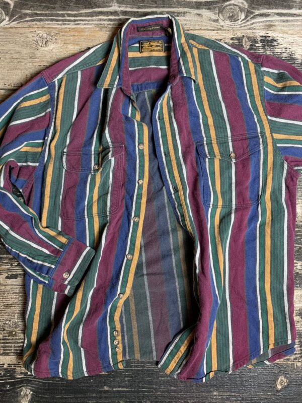 product details: 1990S STYLE EDDIE BAUER FRESH PRINCE HEAVY COMBED COTTON LONG SLEEVE STRIPED WESTERN BUTTON DOWN SHIRT photo