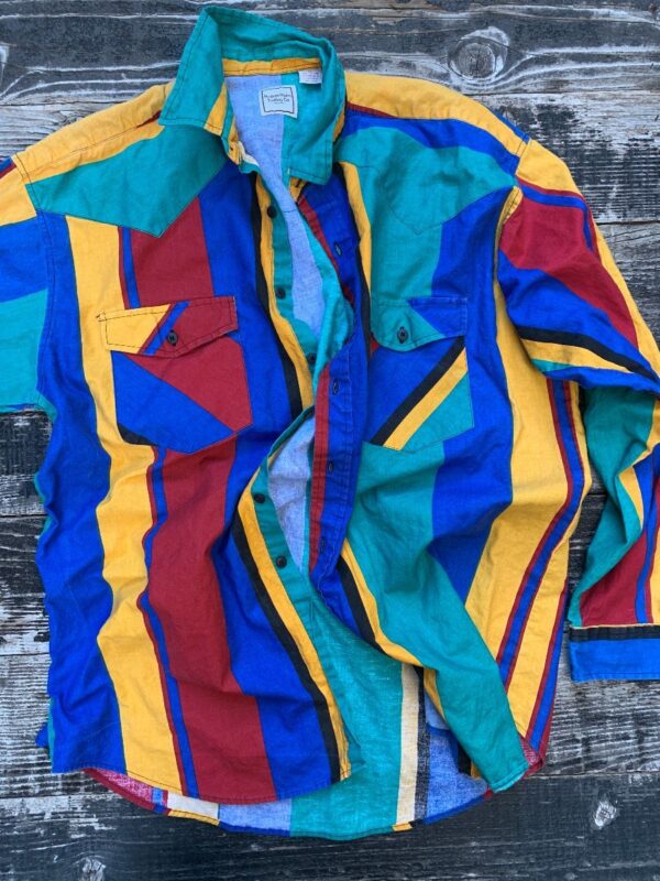 product details: RAD 1990S FUNKY COLOR BLOCK LS BD STRIPED WESTERN SHIRT PRIMARY COLORS photo