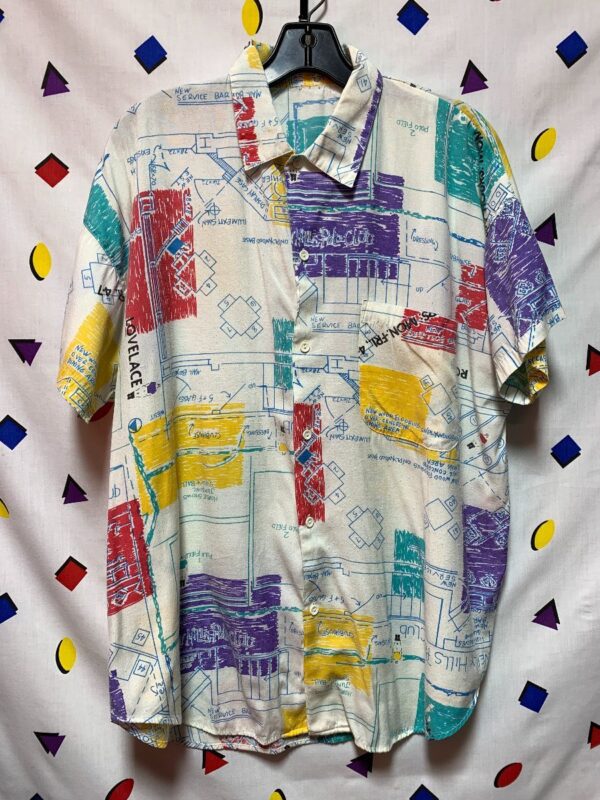 product details: 1980S BEVERLY HILLS POLO CLUB BLUEPRINT DRAWING PRINT SS BD COLLARED SHIRT AS-IS photo