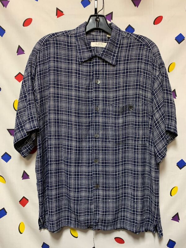 product details: RAYON ALLOVER NAVY GRID PRINT SHORT SLEEVE BUTTON UP SHIRT photo