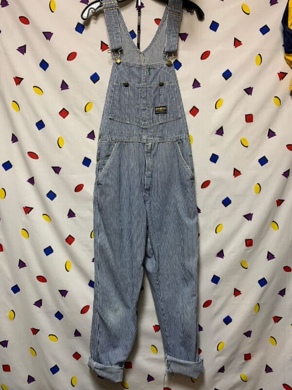 product details: CLASSIC HICKORY STRIPED ZIP FLY BIB OVERALLS OSHKOSH ENGINEER STYLE UNION MADE USA EIGHT POCKET SNAP photo